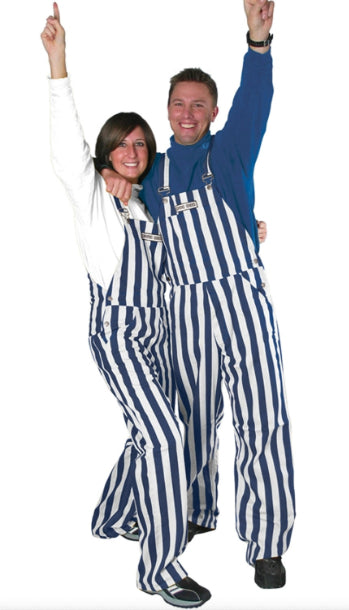 blue and white striped overall dress Railroad Stripe Overalls Country Blossom Boutique