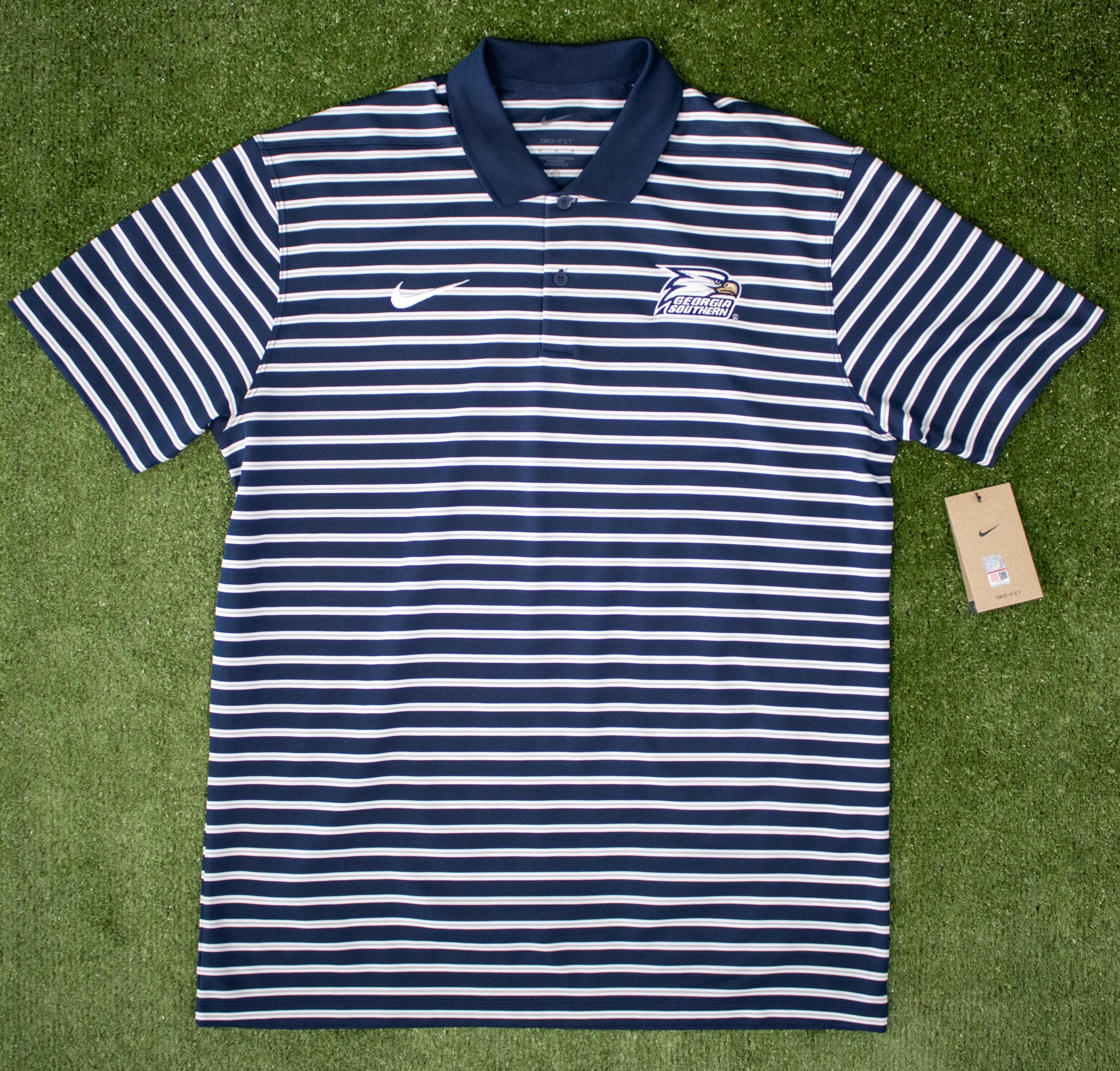 nike blue and white striped polo