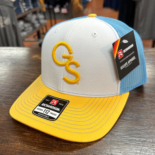 Richardson 112 - Interlocking GS Tri-Tone Trucker - White/Gold/Light Blue