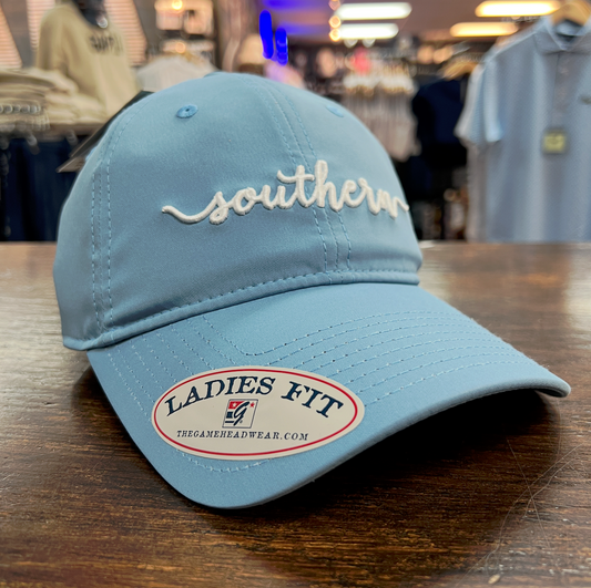 LADIES Performance Cap - Columbia Blue Southern Script