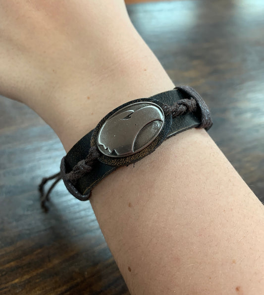 Leather and Brushed Nickel Finish Metal Concho Bracelet- Adjustable sizing