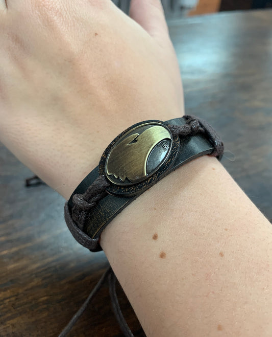 Leather and Brushed Brass Finish Metal Concho Bracelet- Adjustable sizing